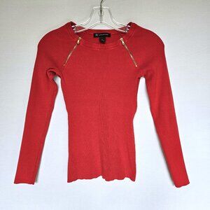 INC Red Knit Crew Neck Women's Sweater with Gold Zipper Accents, Size XS